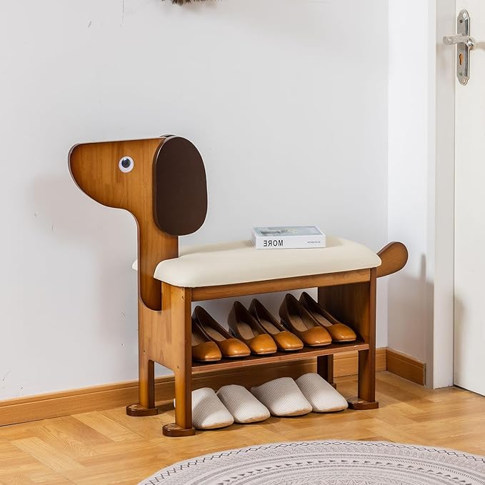 Shoe Bench – 2-Tier Wooden Entryway Organizer Cute Dog-Shaped by ABAMFUR
