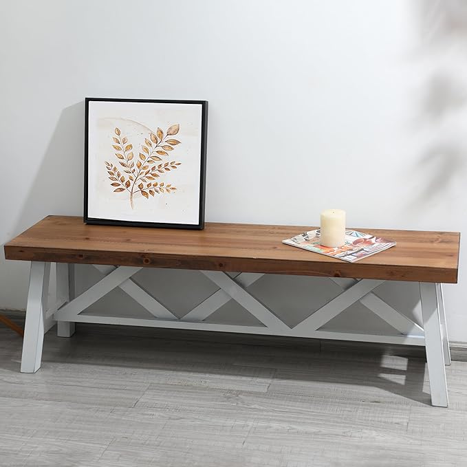 Wnutrees 54" Farmhouse Wood Bench, Rustic Solid Wood Entryway Bench Seat by Wnutrees