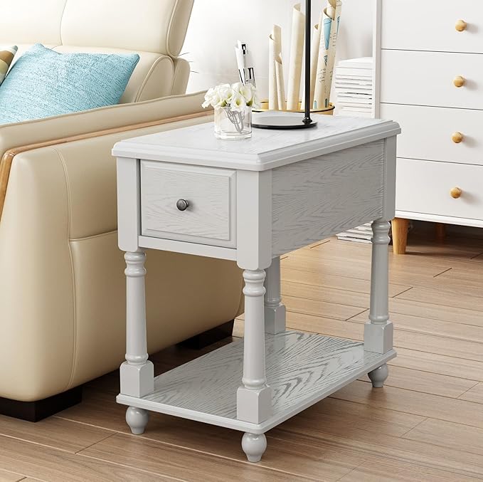 Narrow End Table with Drawer and Open Storage Shelf, Solid Wood Sofa Side Table by VERDANTREE