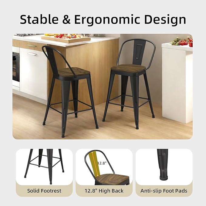 Metal Bar Stools Set of 4, High Back Bar Stools - Image 4