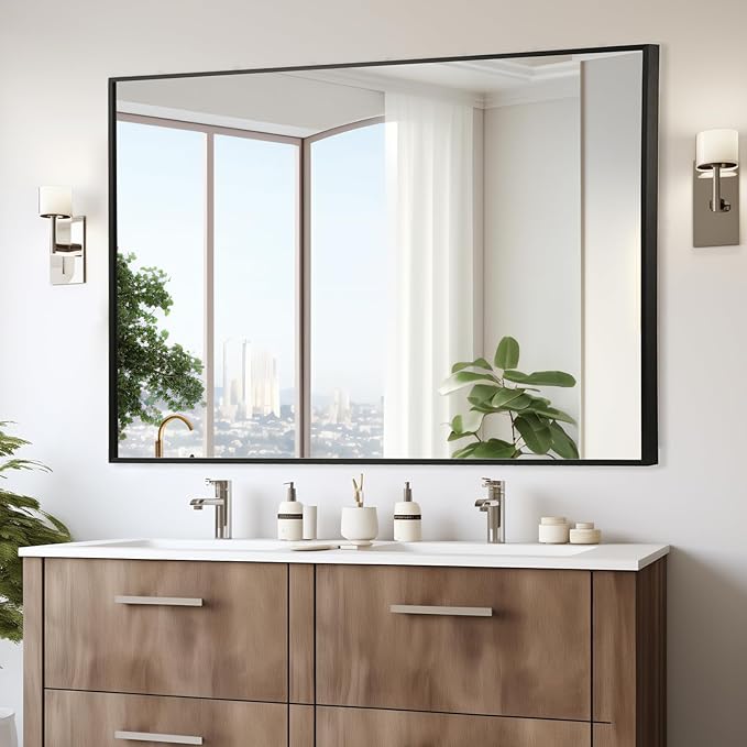 Black Bathroom Mirror, Matte Black Mirror, Metal Frame Square Corner Vanity - Image 2