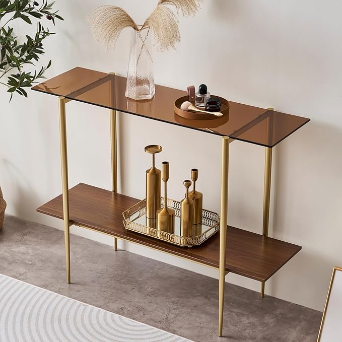 Glass Console Table for Living Room, Foyer & Entrance, 2-Tiers Mid-Century by LumFurn