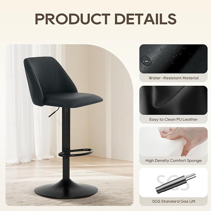 COLAMY Bar Stools Set of 2, Modern Swivel Bar Chairs, Adjustable PU Leather - Image 5