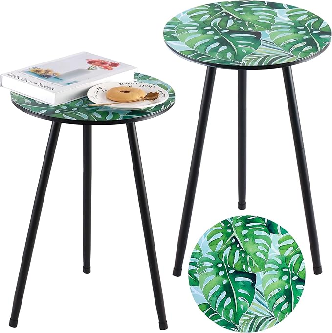 2 Packs Metal Leaf Round Side Tables 13.4" Small Outdoor Patio Round Accent by Party+Zealot