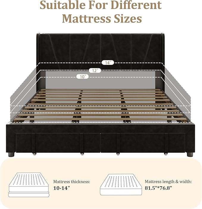 King Bed Frame with Storage Drawers, Upholstered Platform Bed with Headboard - Image 7