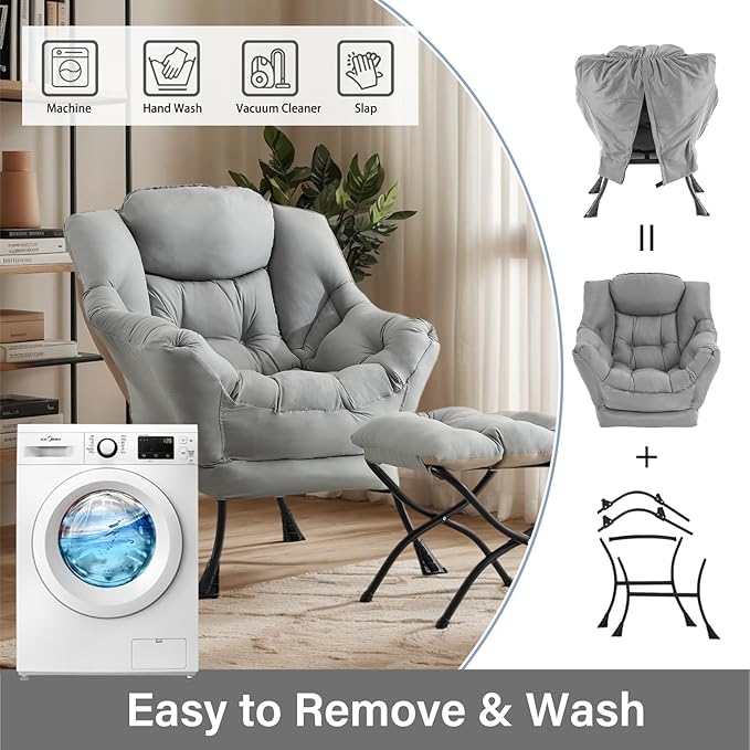 Lazy Chair with Ottoman, Large Modern Lounge Accent Chair with Armrests and - Image 8