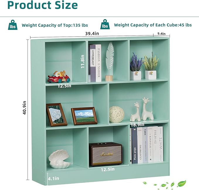 LEYAOYAO 8 Cube Bookshelf with Base, 3 Tier Modern Mint-Green Kids Bookcase - Image 2