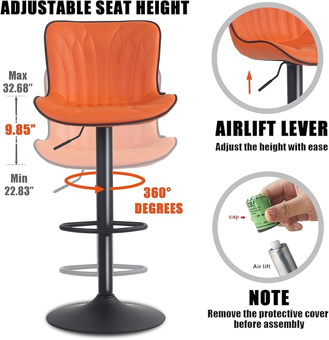 YOUNIKE Orange Bar Stools Set of 2 Faux Leather Upholstered Counter Height - Image 3