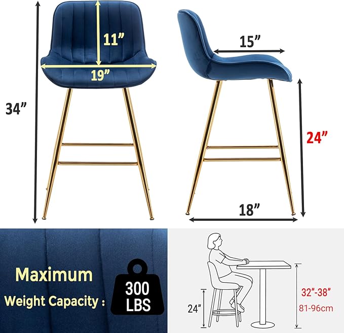 Sidanli Blue Bar Stools Set of 2, 24 Inch Velvet Counter Height Bar Stools - Image 3