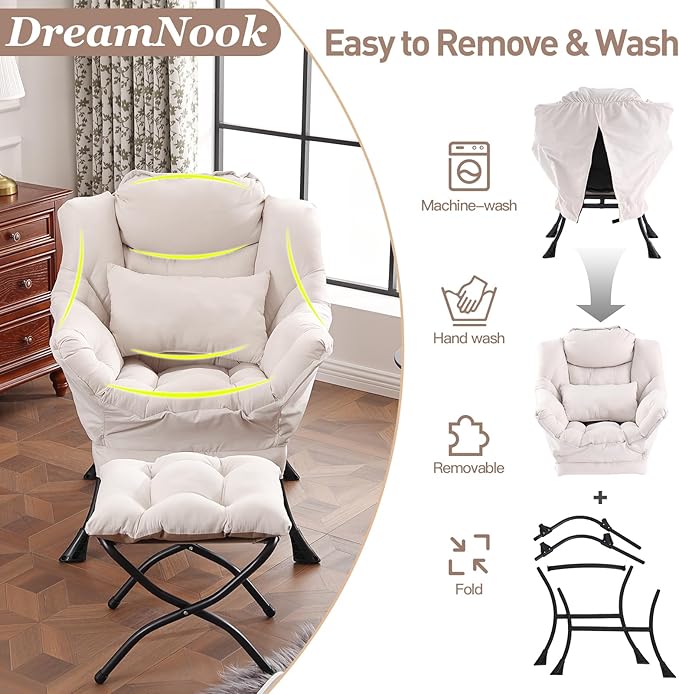 Lazy Chair with Ottoman, Modern Accent Chair with Lumbar Pillow, Comfy Chairs - Image 6