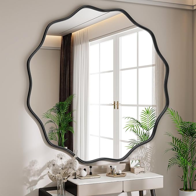Round Wavy Mirror, 42 Inch Metal Frame Circle Mirror, Round Wall Mounted by Unknown