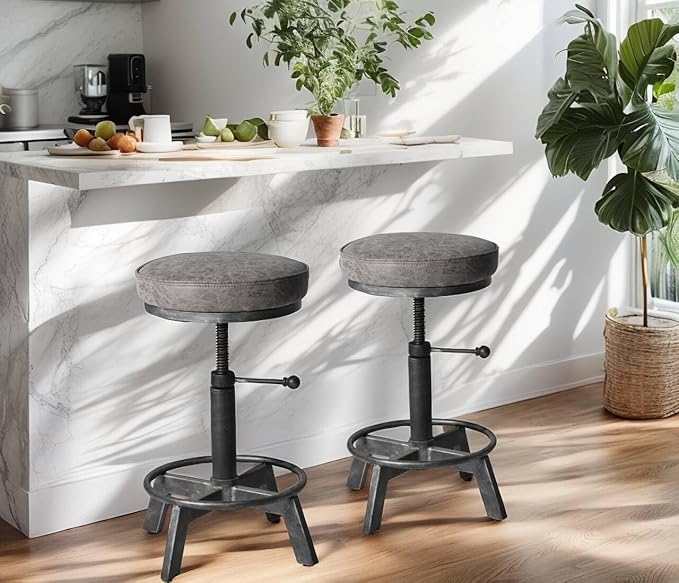 Set of 2 Swivel Pu Seat Bar Stools Industrial Style 17-24inch Height Adjustable - Image 2