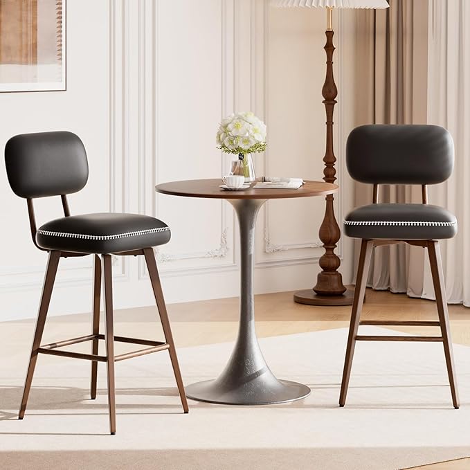 PU Leather Swivel Bar Stools Set of 2, Mid Century Counter Height Bar Chairs - Image 3