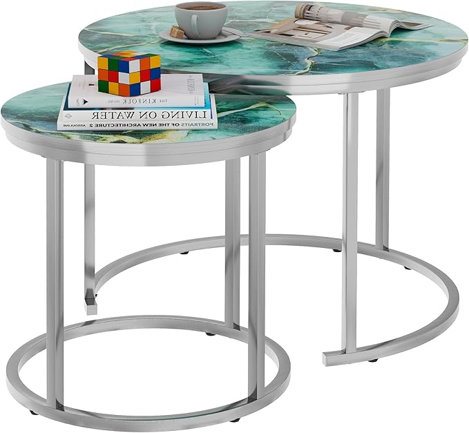 aboxoo Coffee Table Nesting Side Round Set of 2 End Table Green Art Table Top - Image 9