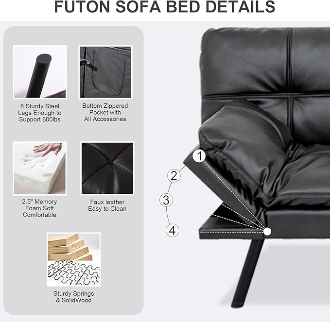 Vipbear Futon Sofa Bed Couch, Space-Saving Loveseat - Image 4