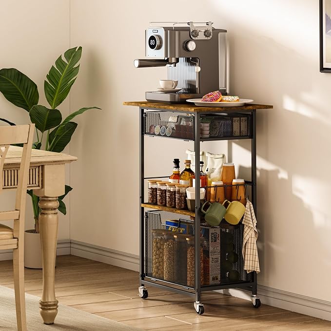 Microwave Stand with Drawers & Hooks, 3-Tier Rolling Kitchen Cart - Image 6