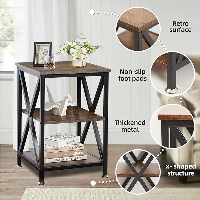 Square End Table with Storage Shelf, 3-Tier End Table Living Room, Rustic Brown - Image 5