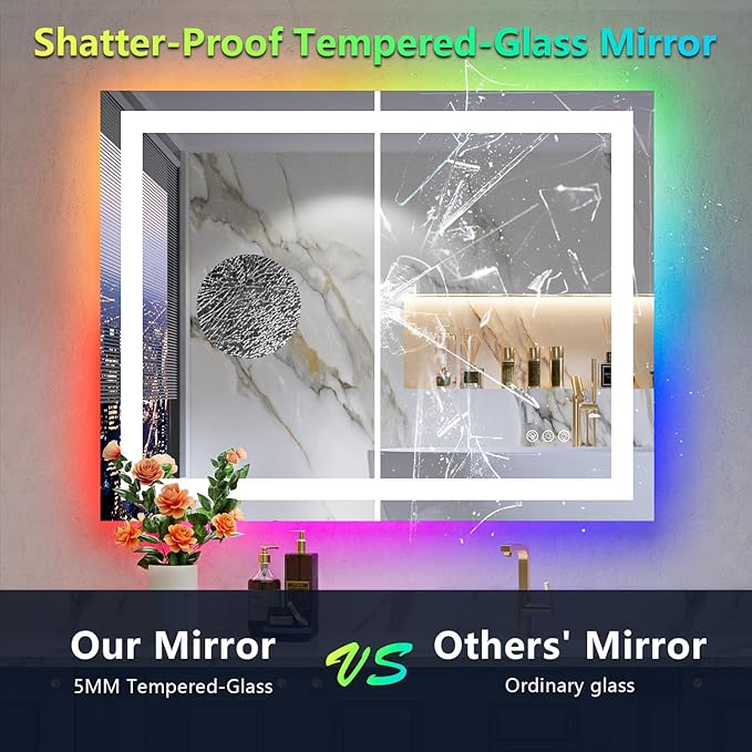 36x30 Inch RGB LED Bathroom Mirror Front Light and RGB Backlit Lighted Vanity - Image 6