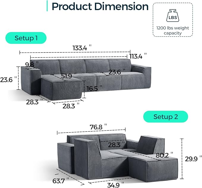 LINSY HOME Modular Sectional Sofa, Corduroy Sectional Cloud Couches - Image 2