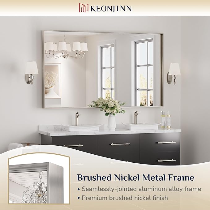 Keonjinn Brushed Nickel Bathroom Mirror 60 x 40 in Rectangle Frame Mirror - Image 6