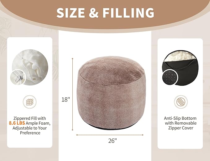 Round Pouf Ottoman 26 * 18" Small Ottoman Foot Rest Pouf Brown Foot Stools - Image 2