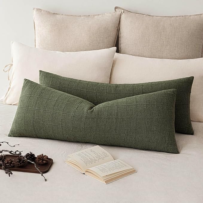 Foindtower Set of 2 Decorative Linen Check Throw Pillow Covers Neutral Long by Foindtower
