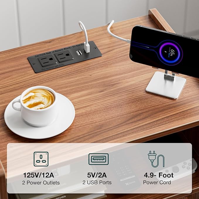 Side Table with Charging Station, Modern End Table with Fluted Drawer, Bedside - Image 4