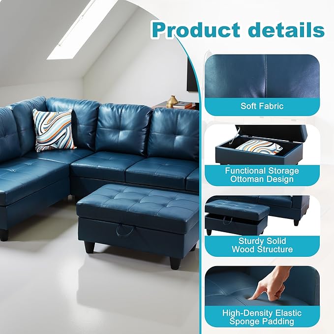 L Shaped Couch PU Leather Sectional Couch Upholstered 3 Pieces Sofas - Image 5