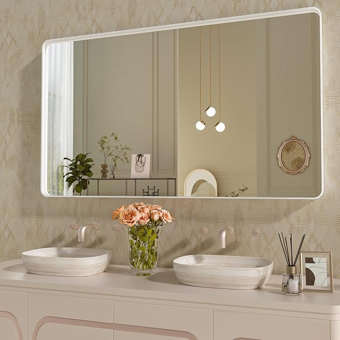 WEER White Bathroom Mirror 55X30 Inch, Rounded Rectangle White Metal Frame by WEER