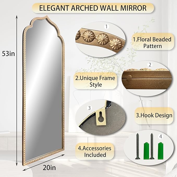Large Arch Mirror, Metal Beaded Frame Decorative Vintage Mirror, Scalloped Full - Image 4