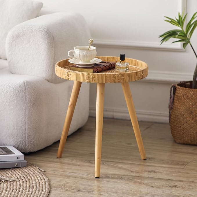 Round Rattan Side Table for Small Spaces, Boho Circle End Table Coffee Table - Image 2