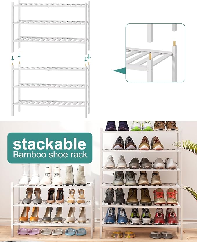 White Shoe Rack, 3-Tier Bamboo Wood Shoe Rack - Image 7