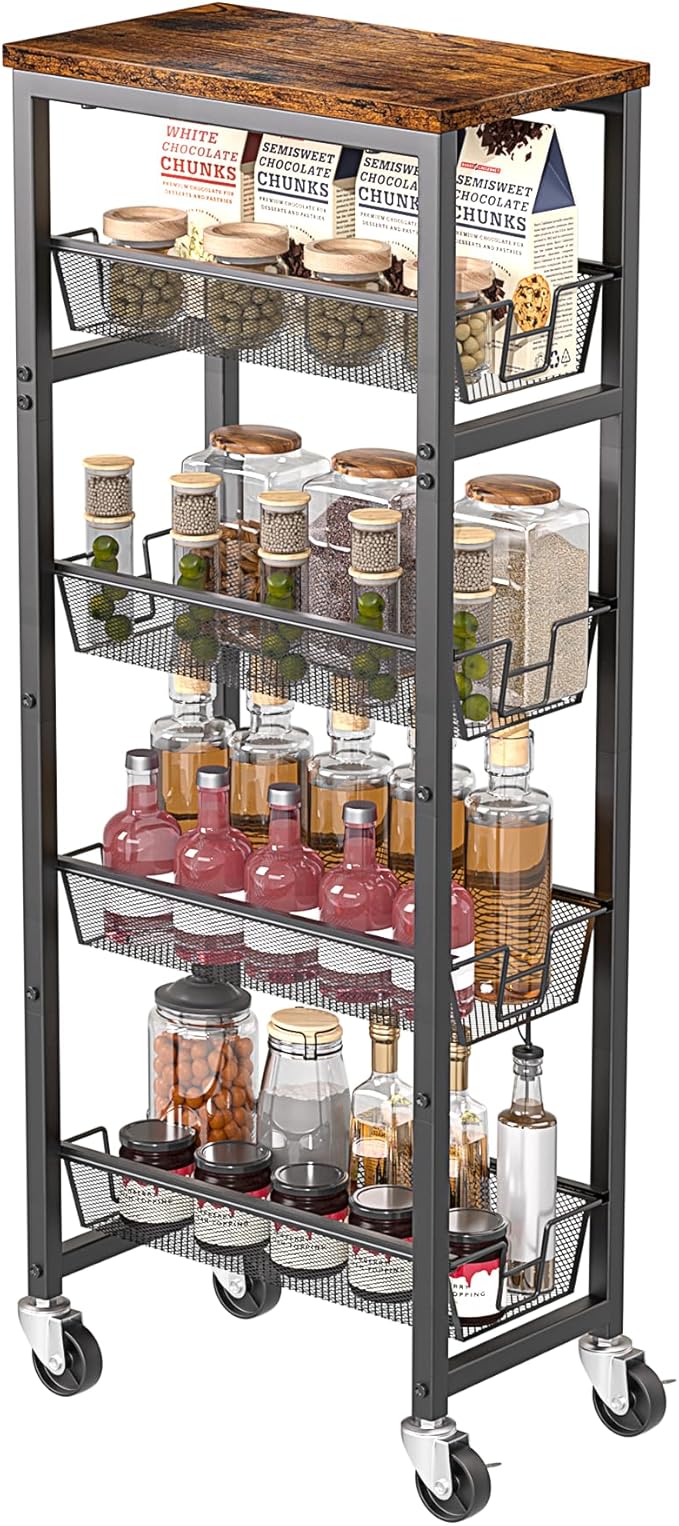 Slim Rolling Cart, 5-Tier Storage Cart, 9.1inch Narrow Kitchen Rolling Cart on - Image 8