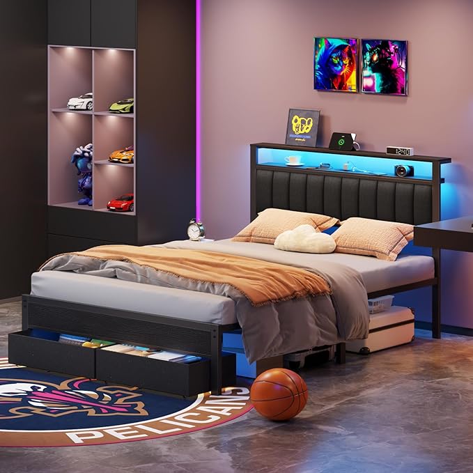 Furnulem Queen Bed Frame with Charging Station and LED Lights, Metal Platform - Image 5