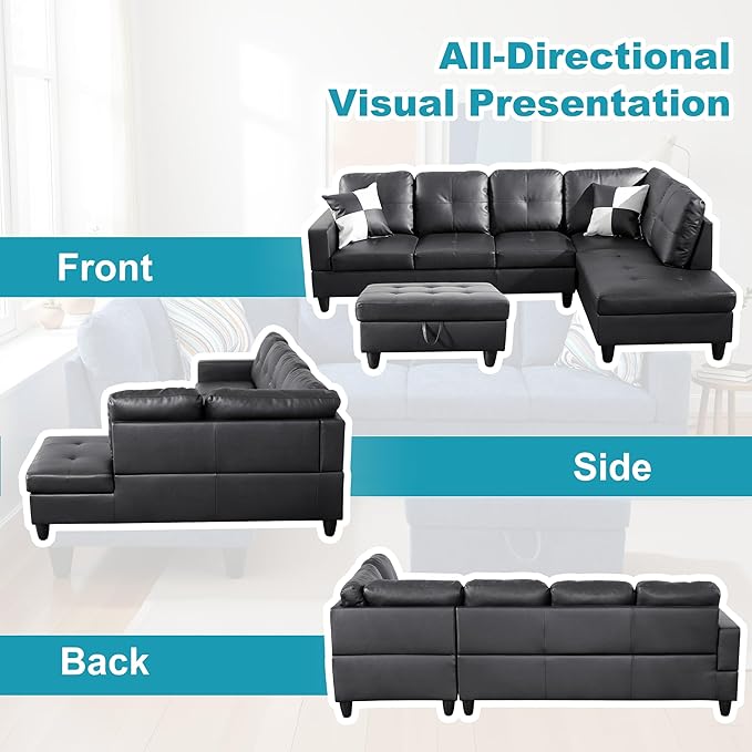 Couches for Living Room Faux Leather L Shaped Couch Comfy 3 Pieces Sectional - Image 6