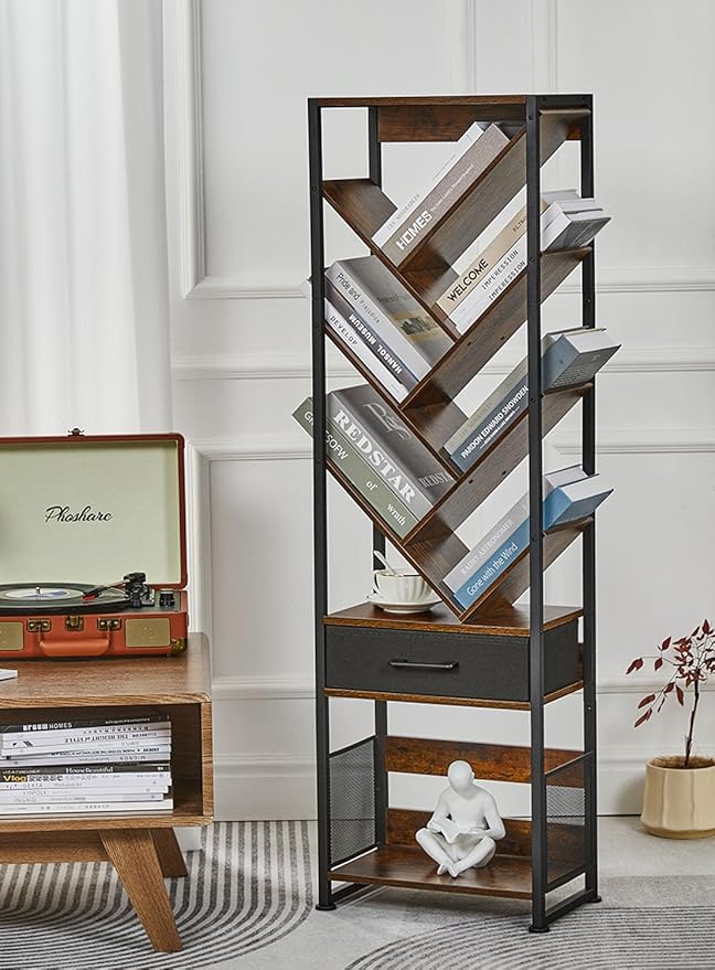 Bookshelf with Drawer, 10 Tier Tree Bookcase Retro Floor Standing Bookshelves by Zexvida