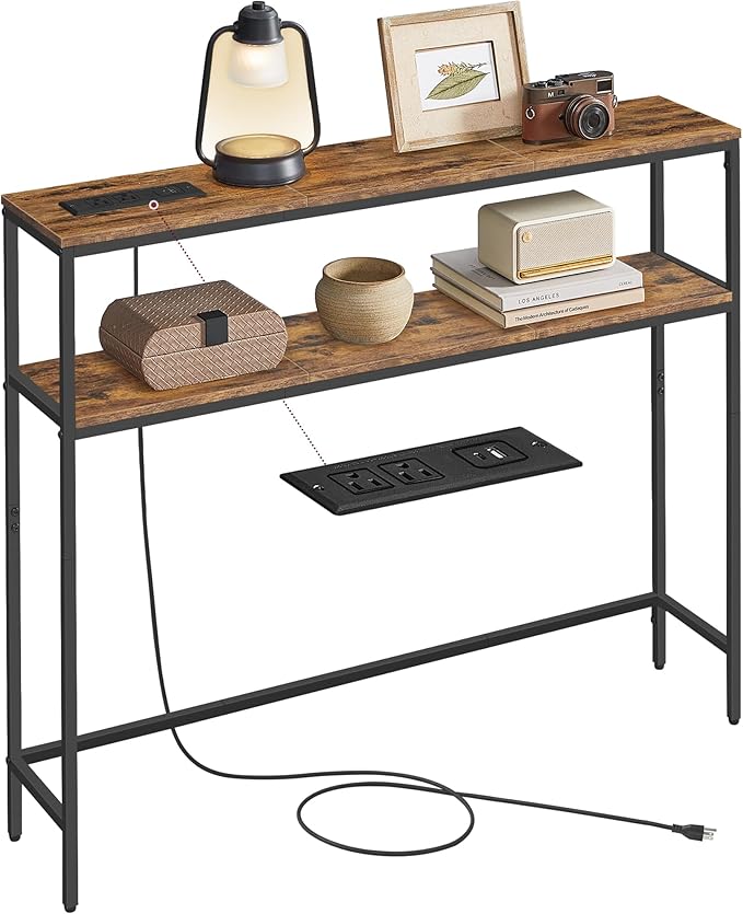 VASAGLE Console Table with Power Outlet, 2-Tier Narrow Sofa Table with 2 Shelves by VASAGLEbySONGMICSHOME