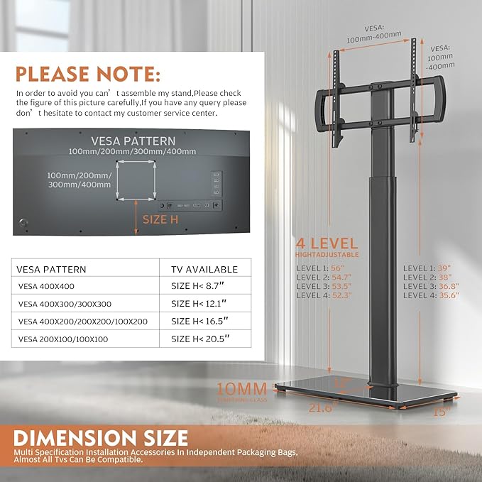 Universal Floor TV Stand with Mount 80 Degree Swivel Height Adjustable and - Image 8