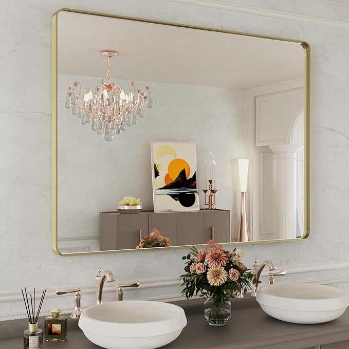 WEER Gold Bathroom Mirror, 48X36 Inch Brushed Gold Metal Frame Mirror, Rounded by WEER