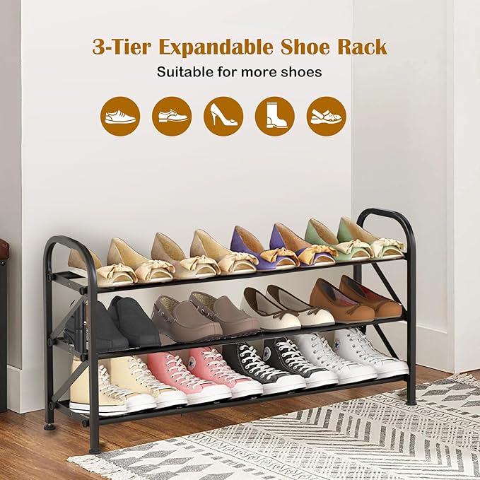 3-Tier Expandable Shoe Rack for Closet，Adjustable Shoe Rack，Black Metal Free - Image 6