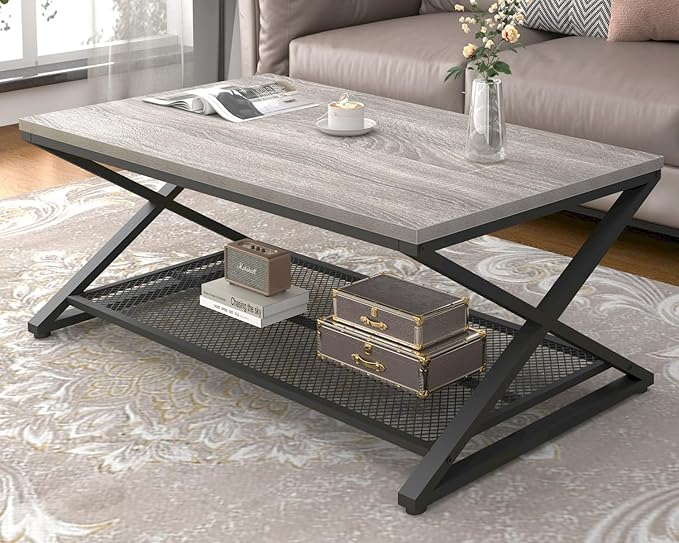 LVB Gray Coffee Table with Storage, Farmhouse Metal Wood 2 Tier Center Table by LVB