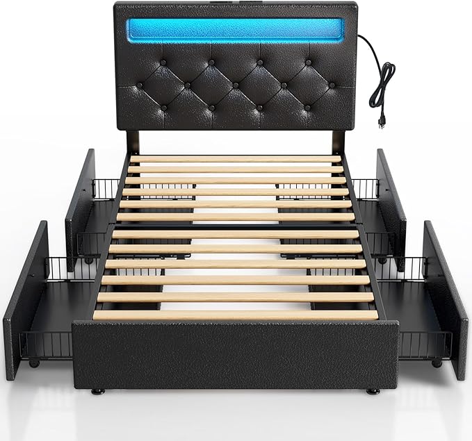 Rolanstar Twin Bed Frame with 4 Storage Drawers and Charging Station, Twin Bed by Rolanstar