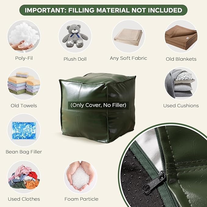 Unstuffed Pouf Cover, 17.7" Faux Leather Poofy Ottoman Cover, Square Footstool - Image 7