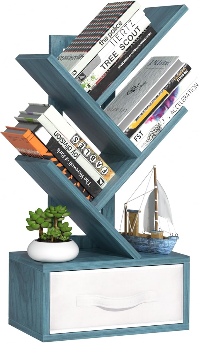 Small Book Shelf with Drawer, 4 Tier Black Tree Bookshelf, Modern Desk Display by SHEEPAM