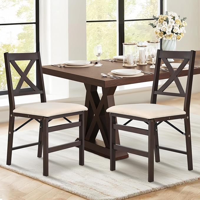COLAMY Folding Dining Chairs Set of 2 – Beige Upholstered Wooden Dining Room by COLAMYINC