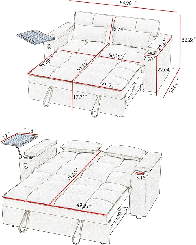 65-inch Multifunctional Loveseat Pull Out Sleeper Sofabed W/Cupholders - Image 2