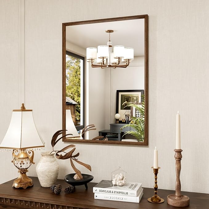 Rectangle Bathroom Mirror 22x30 Inch, Walnut Wood Grain Framed, Anti-Rust & 4mm - Image 2