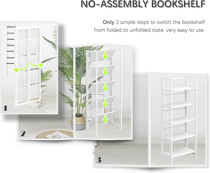 4NM No Assembly Folding Bookshelf, 5-Shelf 62.2" H Collapsible Foldable - Image 3