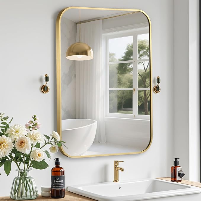 Gold Bathroom Mirror, 30x36 Inch Aluminum Frame Rectangle Mirror, Tempered Glass by CLBA