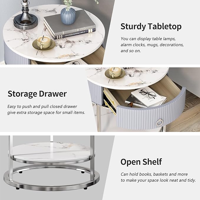 OIOG Modern End Table with Drawer, 2 Tier Side Table with Shelf, Round - Image 6